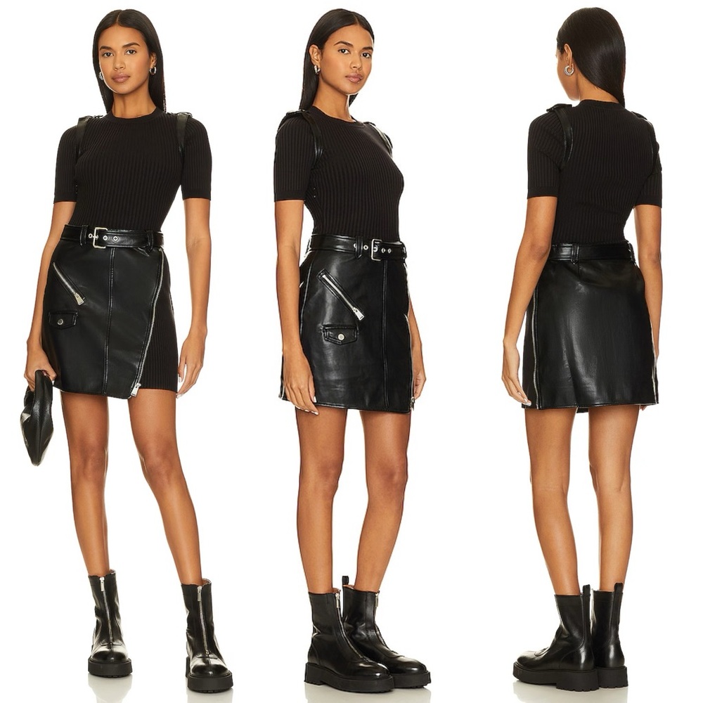 SIMKHAI Anisa Belted Mini Faux Leather Trim Dress in Black